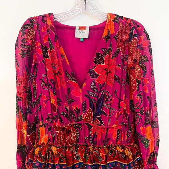 Farm Rio Colorful Pink Floral Tropical V Neck Tiered Long Sleeve Mini Dress XS - Picture 3 of 9